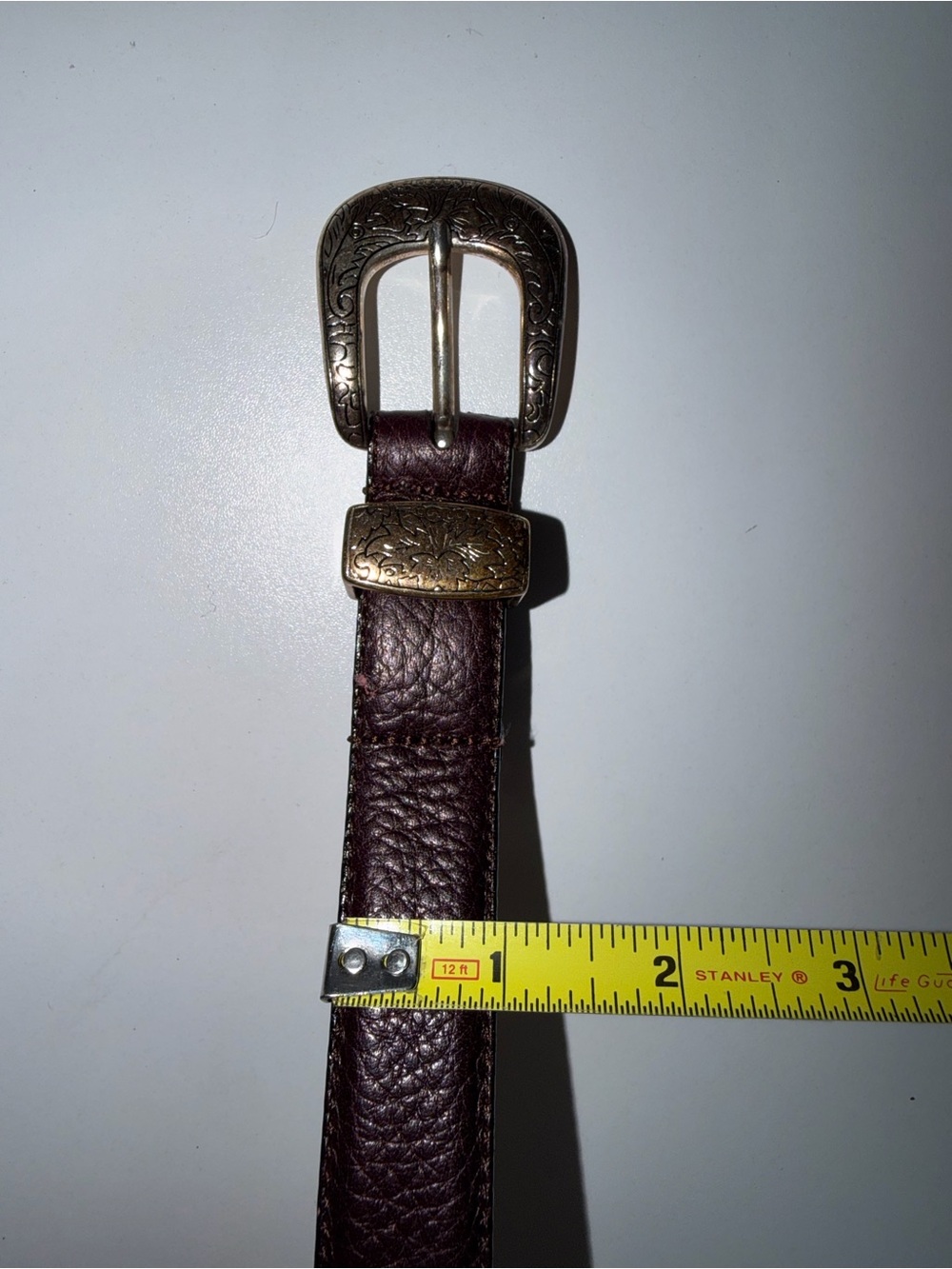 Full Grain Cowhide Leather Belt 36 Burgundy Silver Tone Buckle USA Style - Picture 7 of 7
